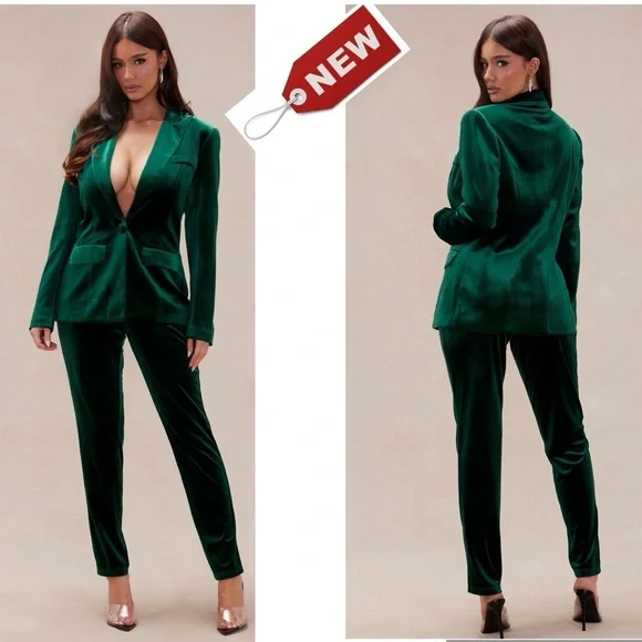 Fashion Nova Vienna hunter green velvet single breasted blazer pant suit set M - Picture 13 of 13